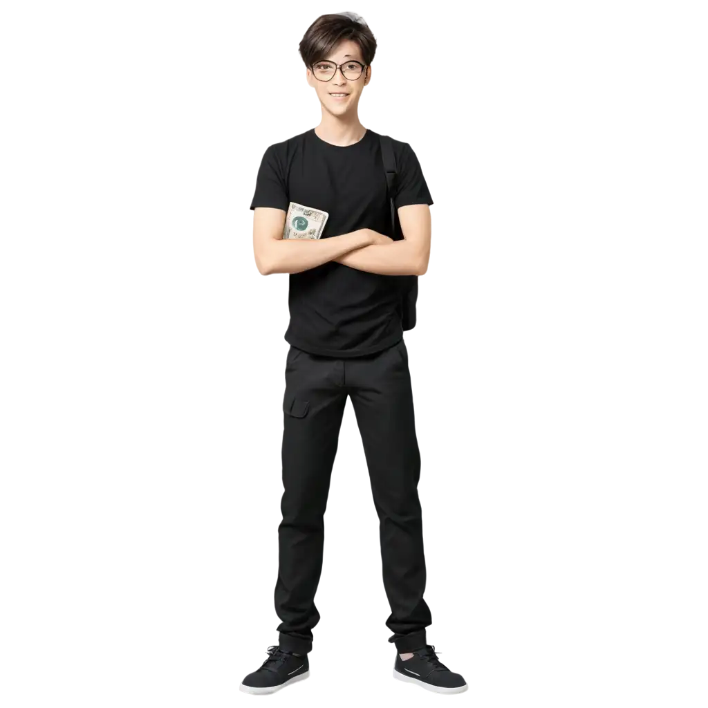 HighQuality-PNG-Image-of-a-Handsome-Young-Korean-Anime-Boy-with-Glasses-TShirt-Army-Pants-and-Money