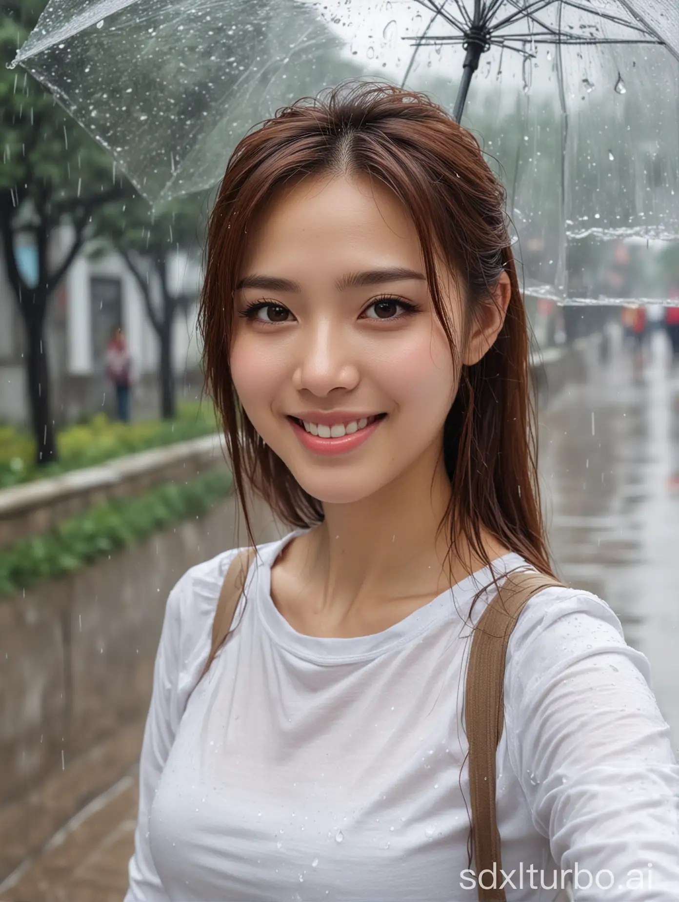 Chinese-Beauty-Taking-a-Selfie-in-the-Rain-Winter-Fashion-and-Vibrant-Makeup