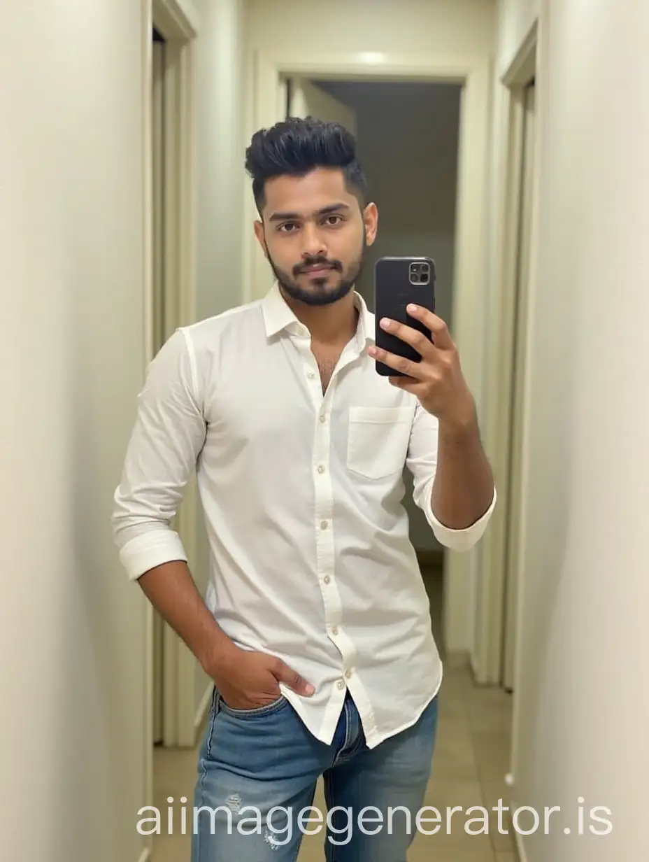 Stylish-Indian-Boy-Taking-Mirror-Selfie-in-Cotton-Shirt-and-Jeans