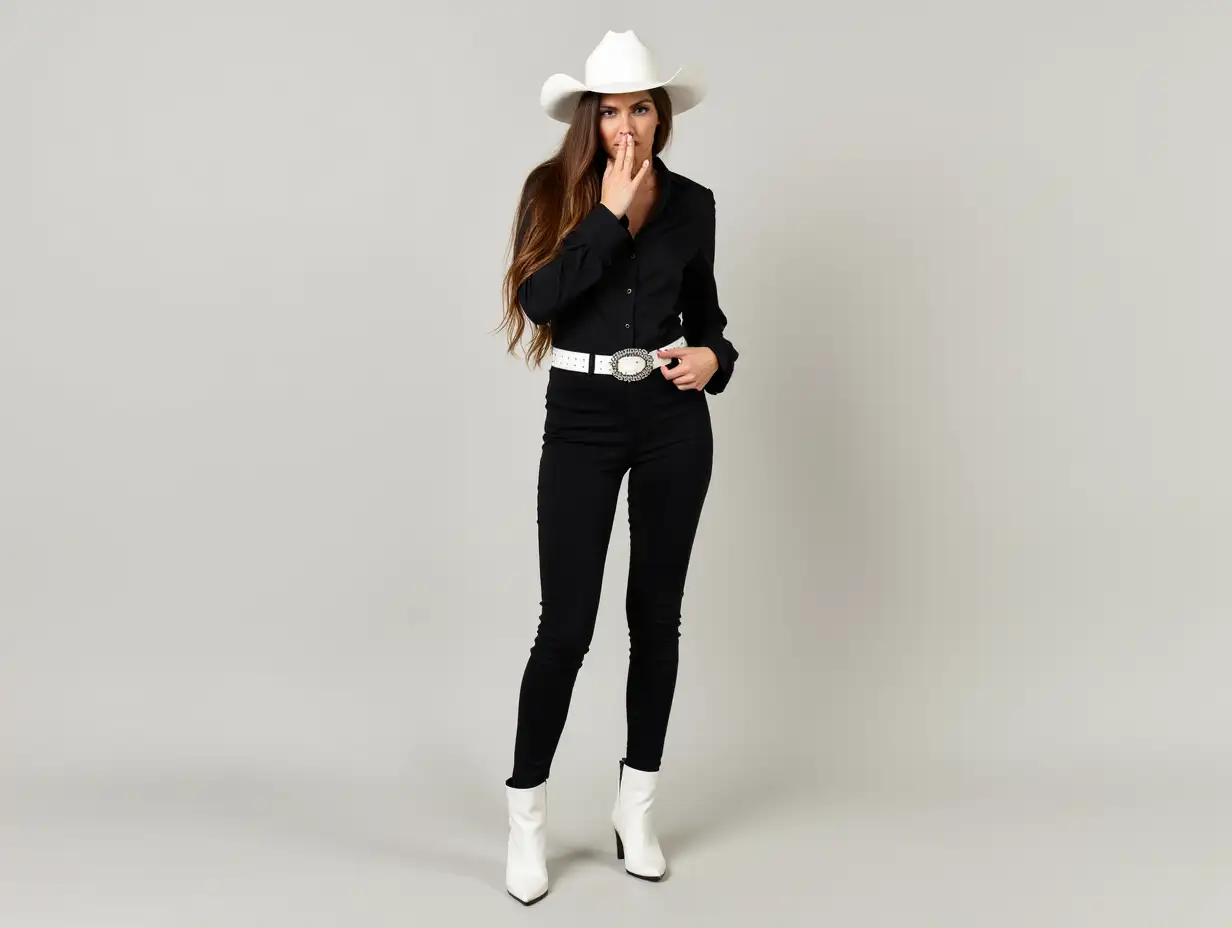 cowgirl woman wearing white cowgirl hat, black long sleeve shirt, white belt, black pants, white pointed toe boots (inside the pants). Woman waving hand in front of nose, face scrunched up as if smelling bad smell. Standing.