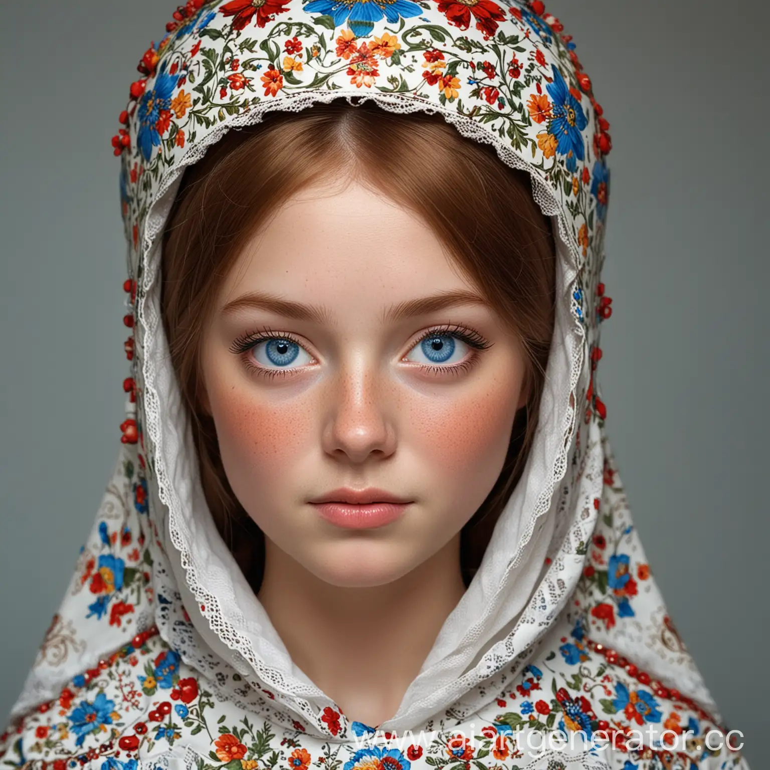 a girl with blue eyes and freckles, in a headdress that has become a real symbol of the Russian women's costume kokoshnike, a body in the shape of a matryoshka doll, a symbol of the art of beauty that lives in our studio: in haircuts, coloring, thoughts and conversations of masters and administrators. He represents our approach to quality and love for our work.