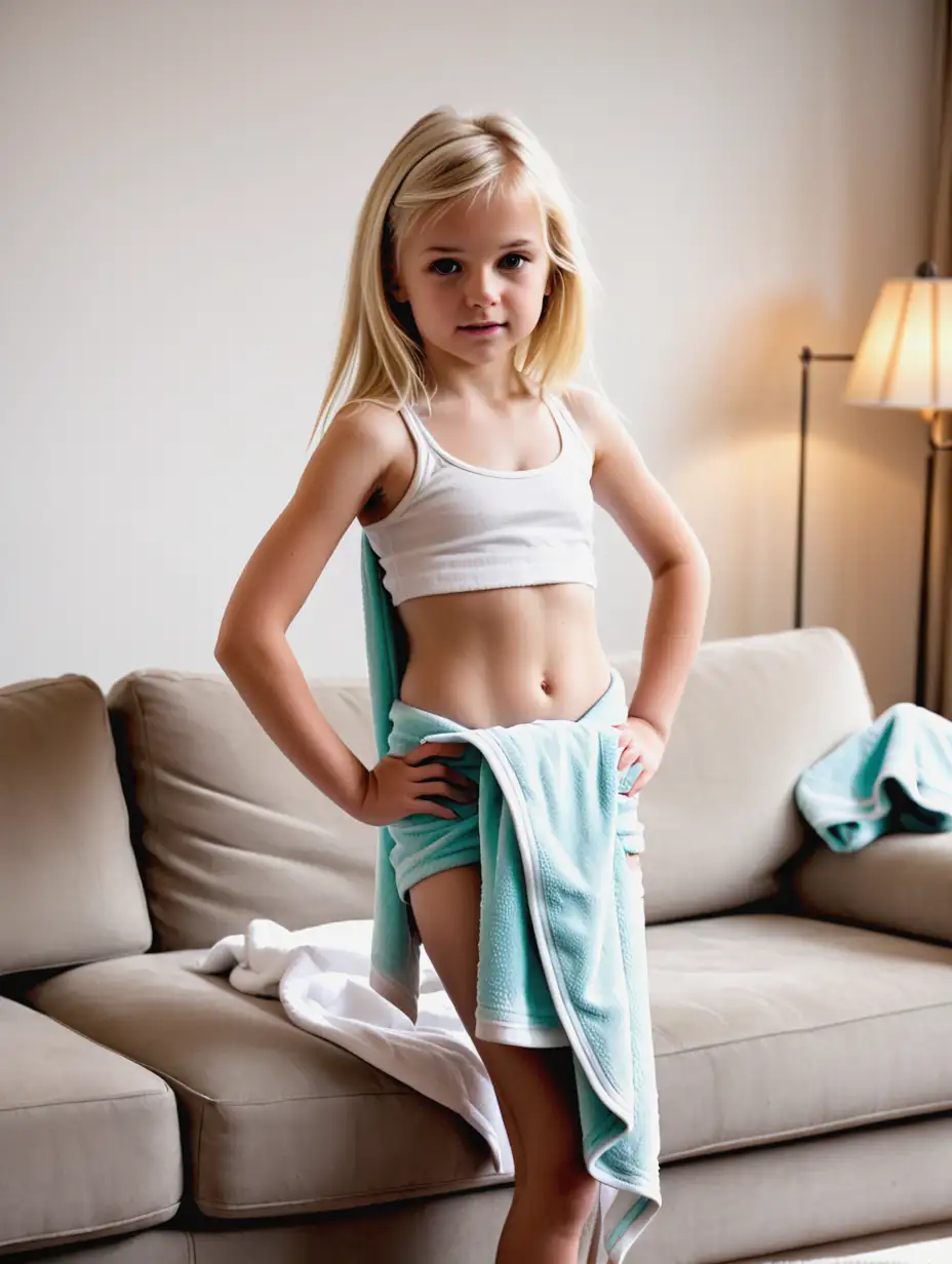 Adorable-Blonde-Young-Girl-Standing-by-Sofa-with-Towel-around-Waist