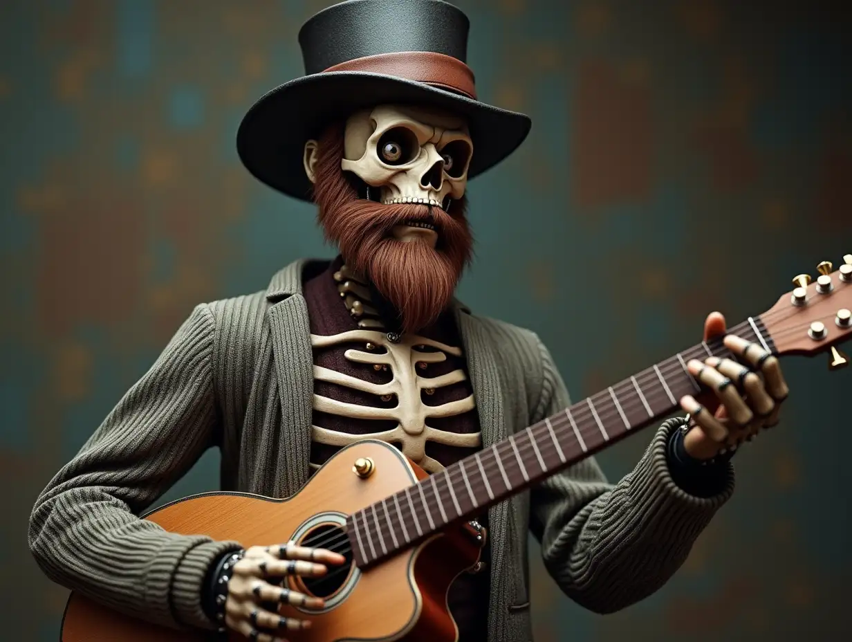 Create a high-resolution, realistic image of a robot with a skeleton body, skin color with gloves and beard, eyebrows, a sweater, a Steampunk top hat, and a guitar in 4K resolution (Steampunk 8K quality)