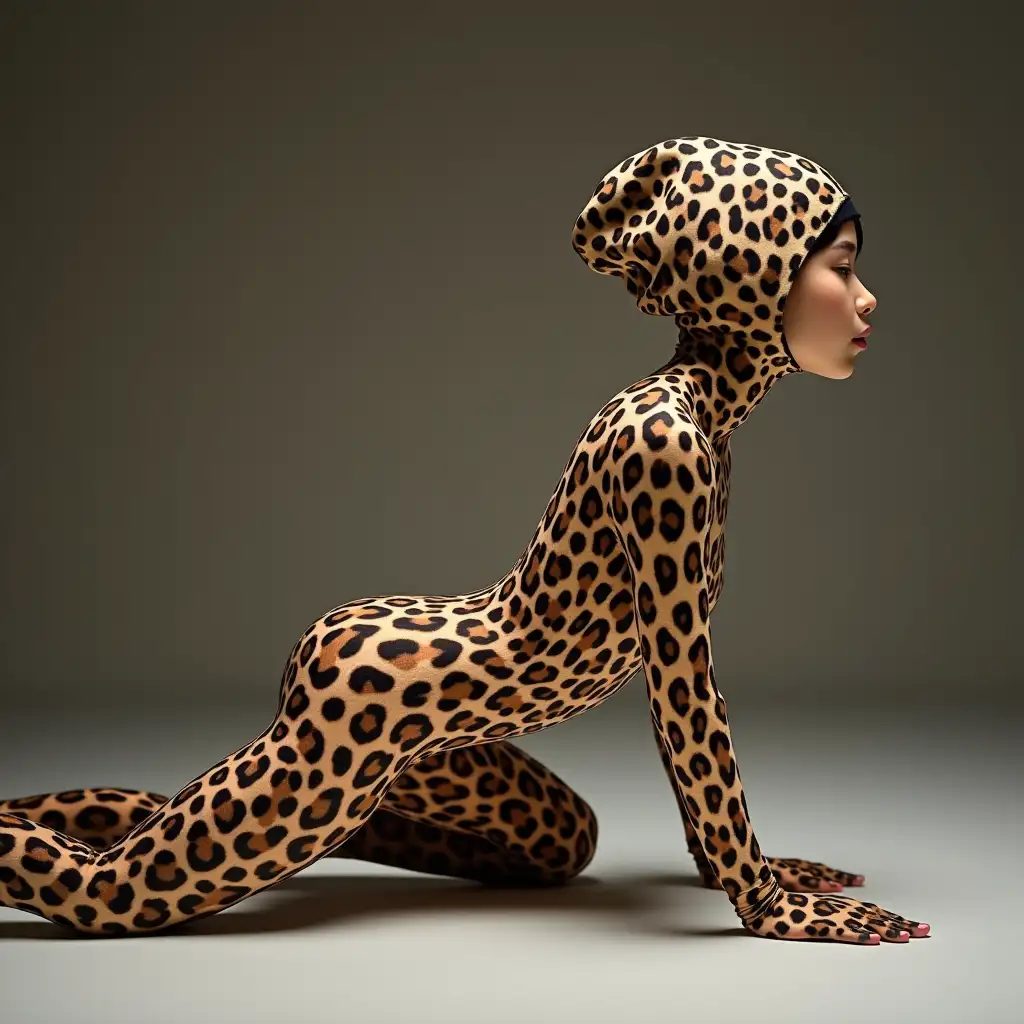 the most beautiful,thinest and flexible asian chinese woman girl wears leopard print lycra turtleneck unitard catsuit covered with many spots with leopard print zentai socks.She wears leopard print inner hood-like swimming cap-like dancewear costume zentai cap covered with many spots as dancewear.She is crawling