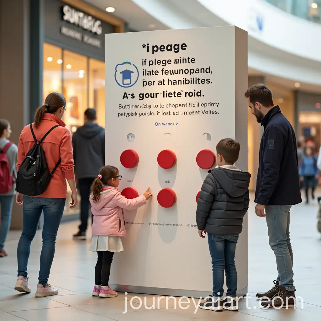 Small-Girl-Pressing-Kindness-Pledge-Button-in-Shopping-Mall-with-Parents-and-Passersby