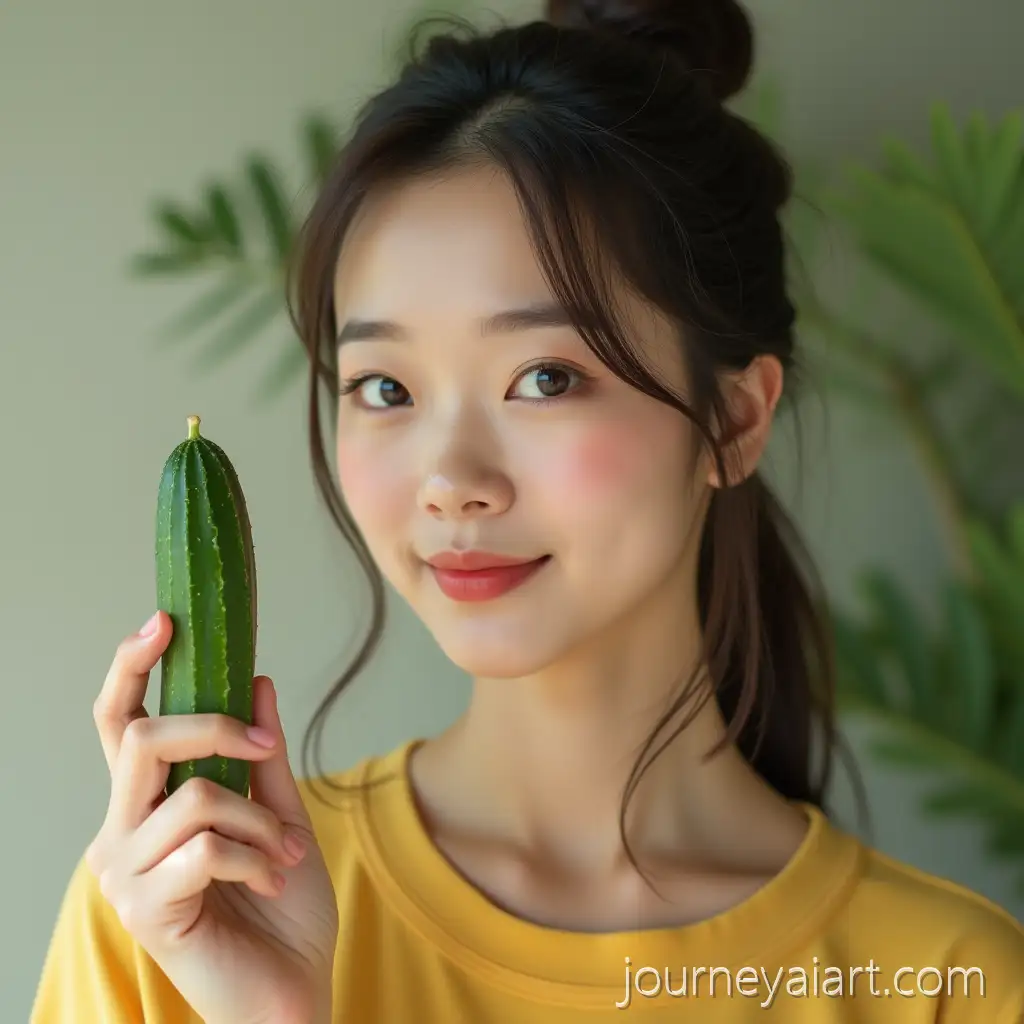 Young-Asian-Woman-Holding-Fresh-Cucumber-in-Natural-Setting
