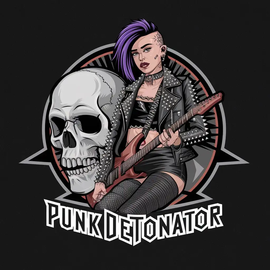 LOGO Design for Punk Detonator Realistic Girl Punk and Skull Theme on Black Background