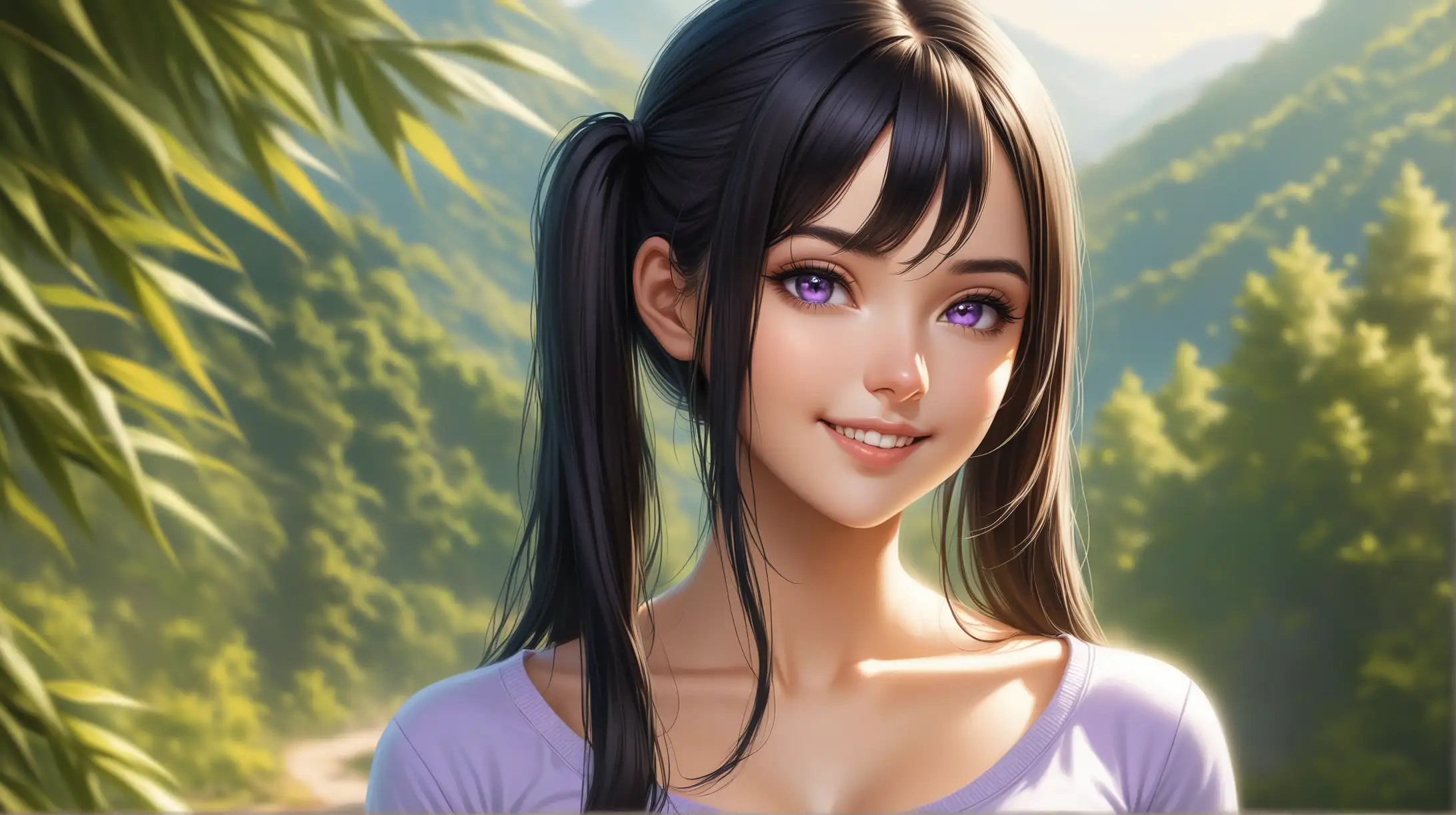 Seductive Woman with Twintails Smiling Outdoors in Casual Attire