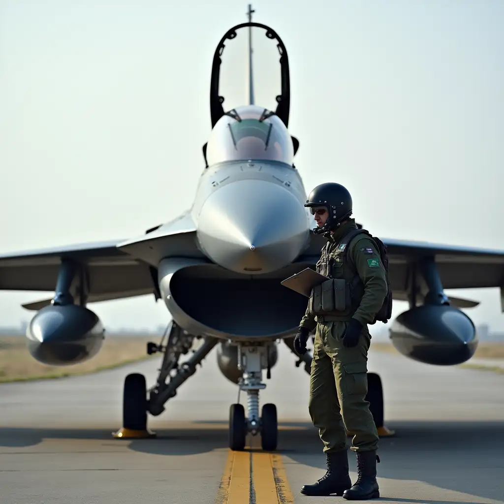 Show f16 aiplane on ground, pilot is inspecting it