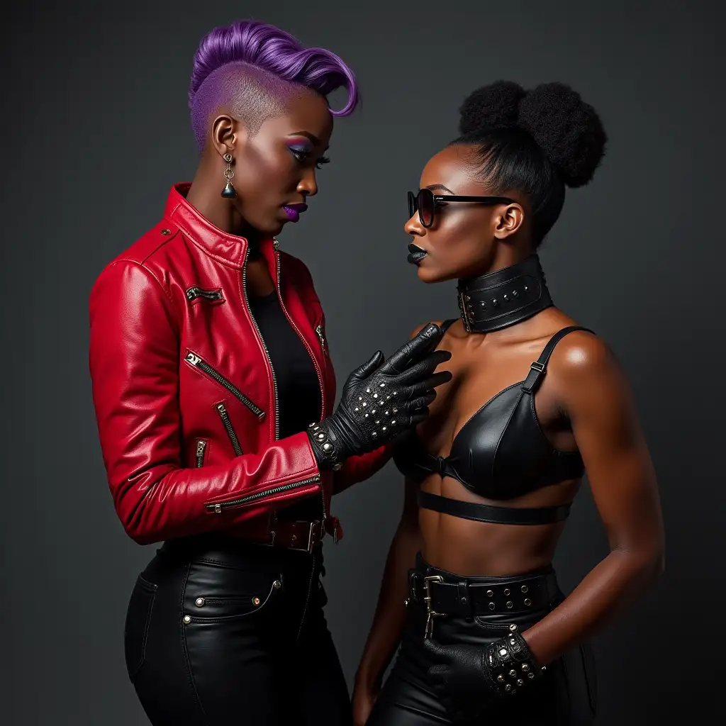 Cynthia-Erivo-in-Red-Leather-Jacket-Controlling-Black-Woman-with-Leather-Straps-and-Elongated-Neck