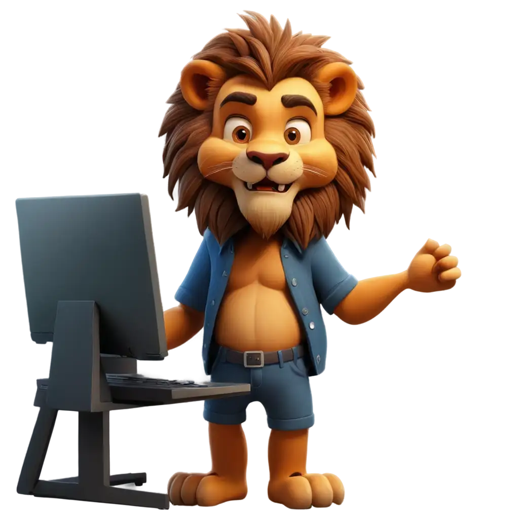 Cartoon-Lion-Operating-a-Computer-PNG-Image-for-Creative-and-Professional-Use