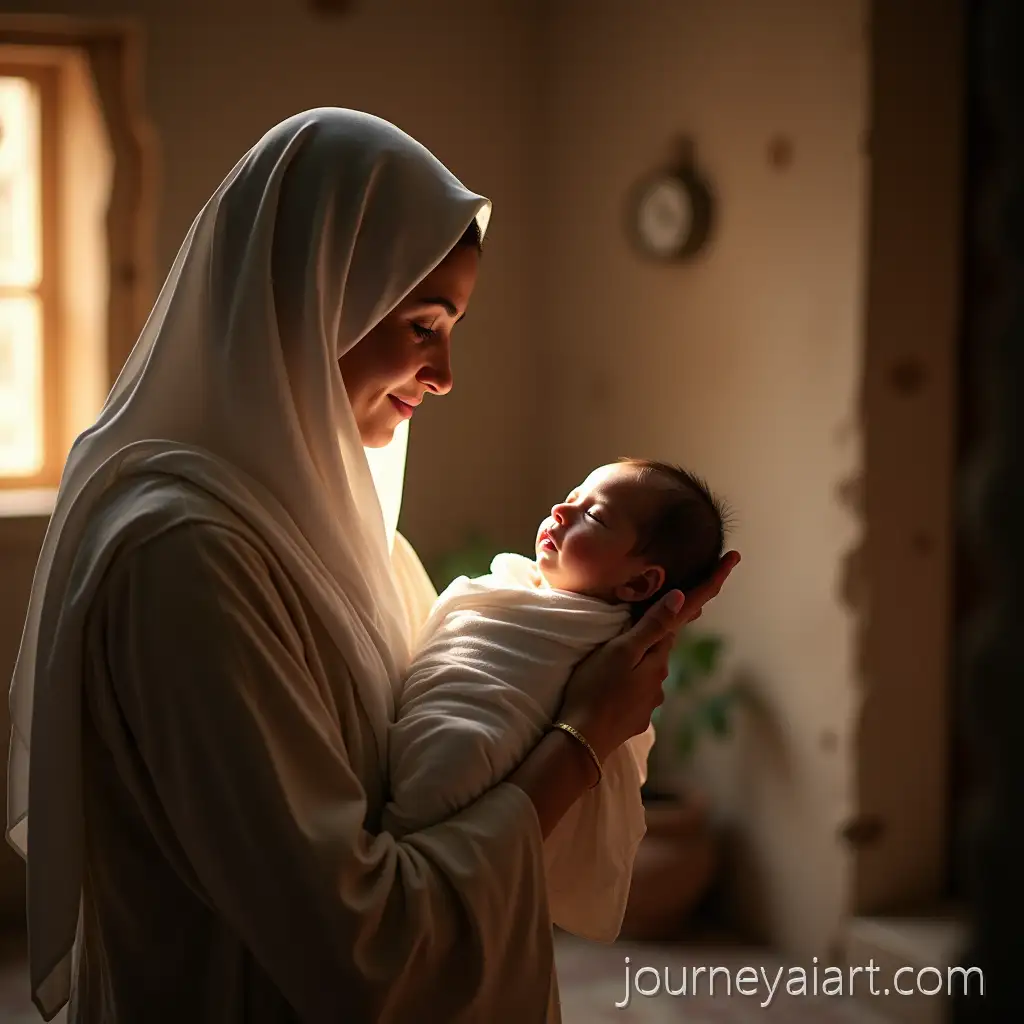 Newborn-Baby-Held-by-Arab-Woman-in-Ancient-Middle-Eastern-Home-with-Soft-Glowing-Light