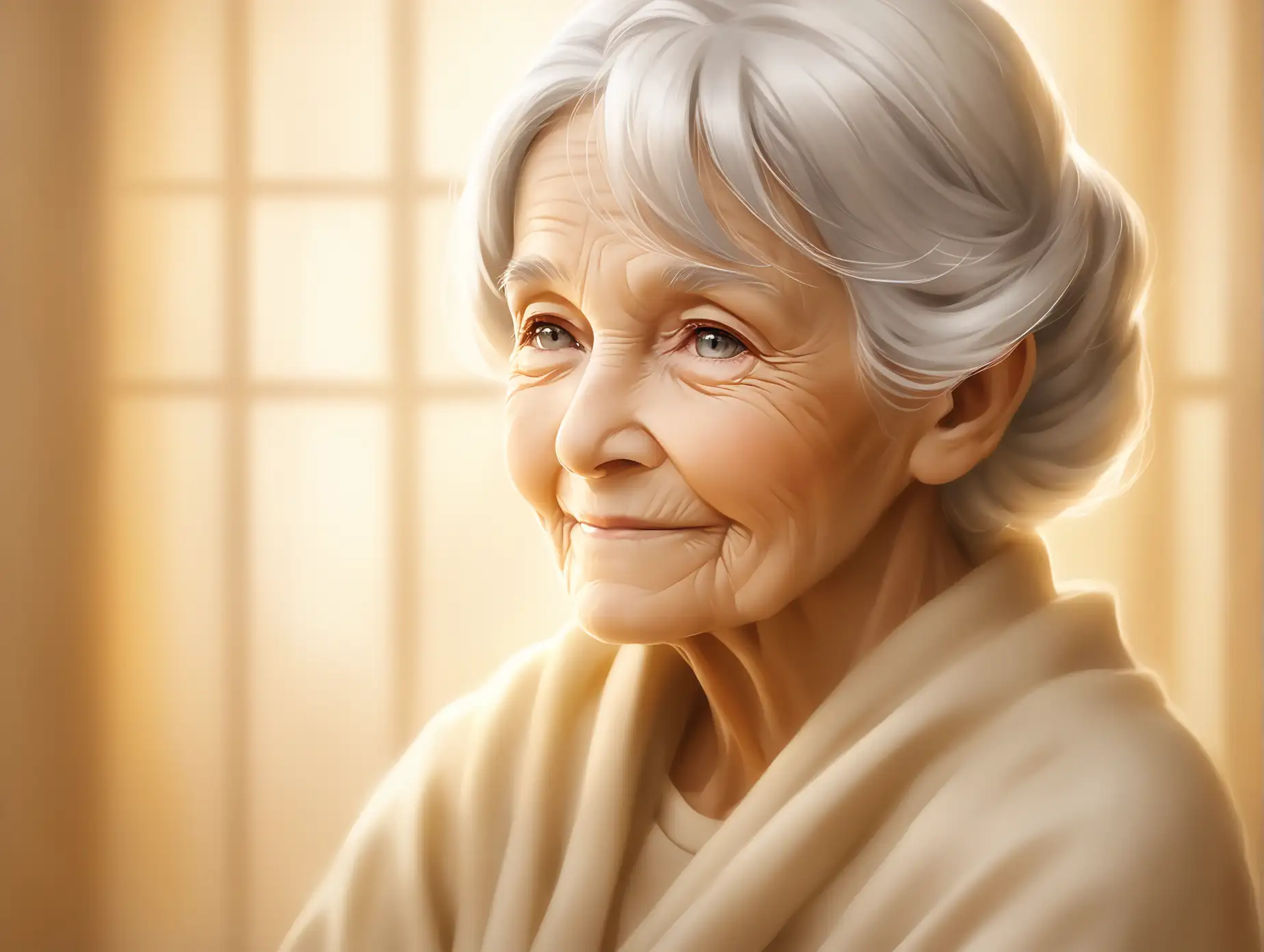 A heartwarming portrait of an elderly mother with soft, silver-grey hair, sitting peacefully in a gentle light. Her kind eyes reflect wisdom and warmth, and her serene smile exudes unconditional love. The background is softly blurred, with warm tones of gold and beige, creating an atmosphere of calm and reverence that celebrates her timeless beauty and the love she embodies.