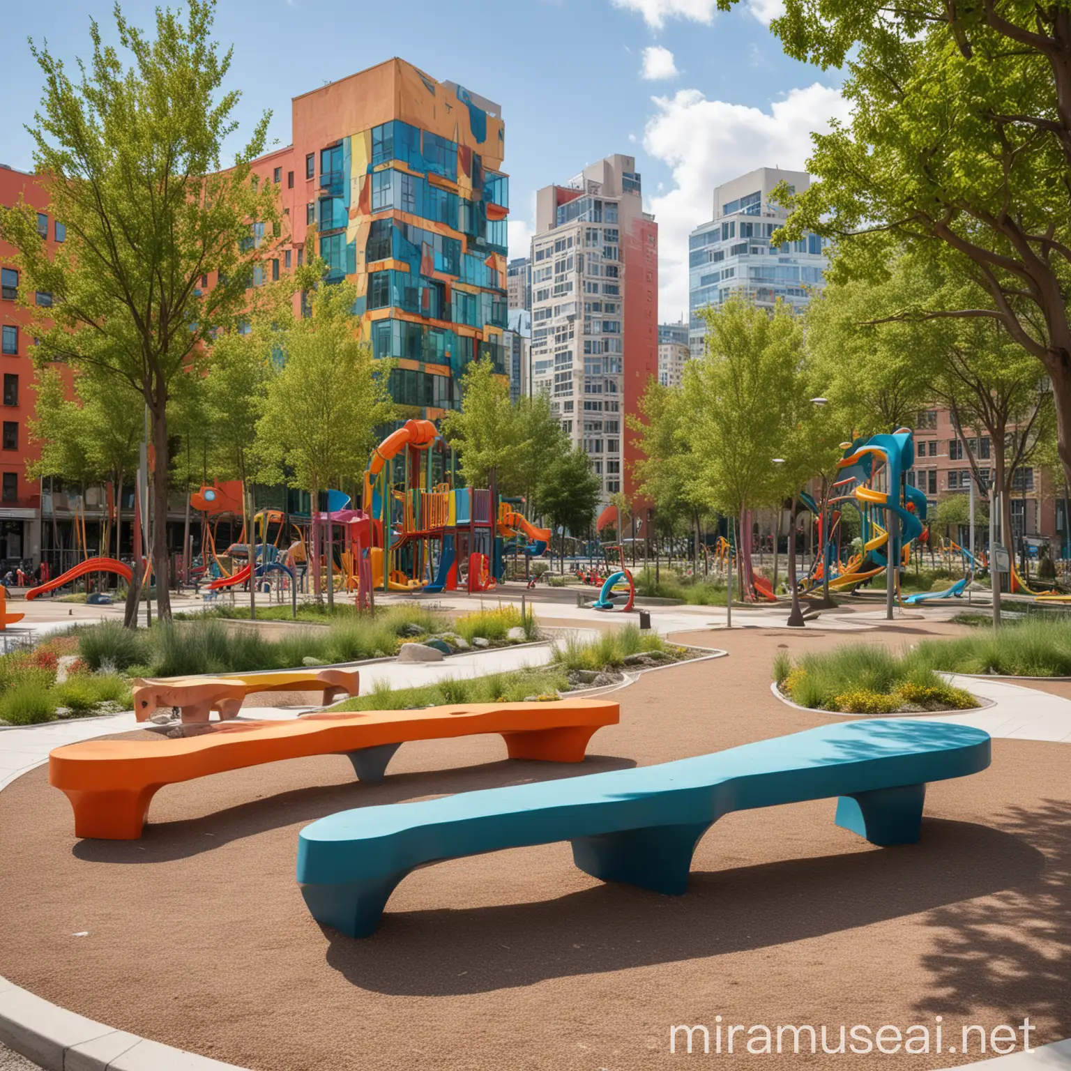 Vibrant Urban Park with Modern Art Sculptures and Colorful Playgrounds