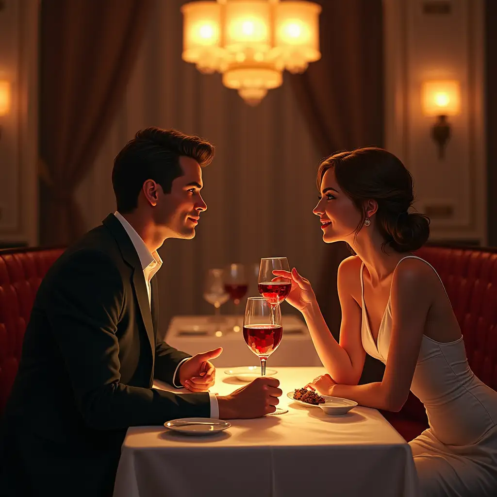 At a fancy restaurant, a handsome man with a beautiful woman, they sit across from each other, invited me on a date, luring with food and wine. Well, there's a desire to eat and drink.