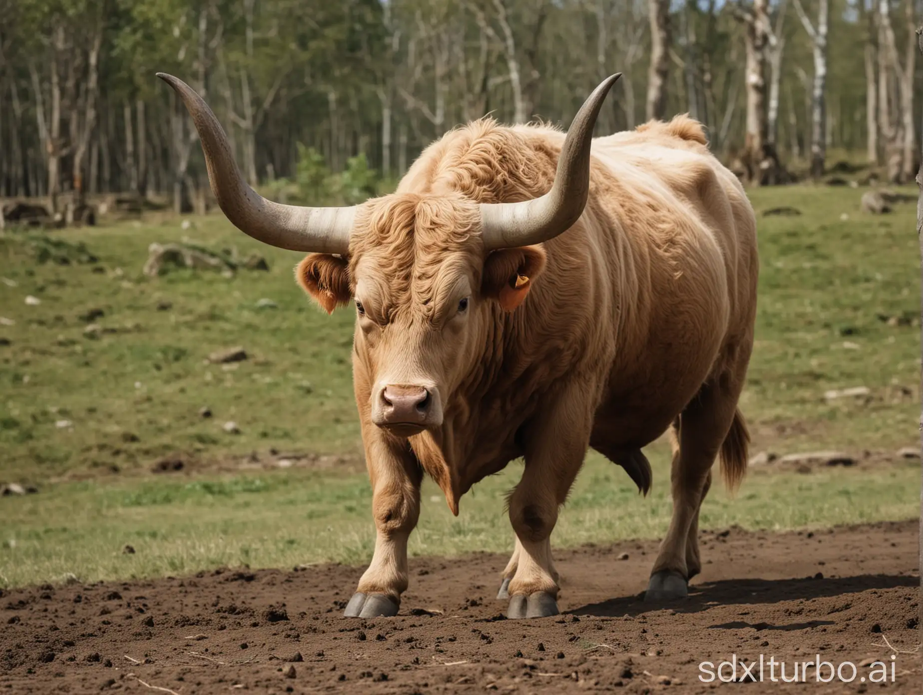 Bull with horns curved towards the ground