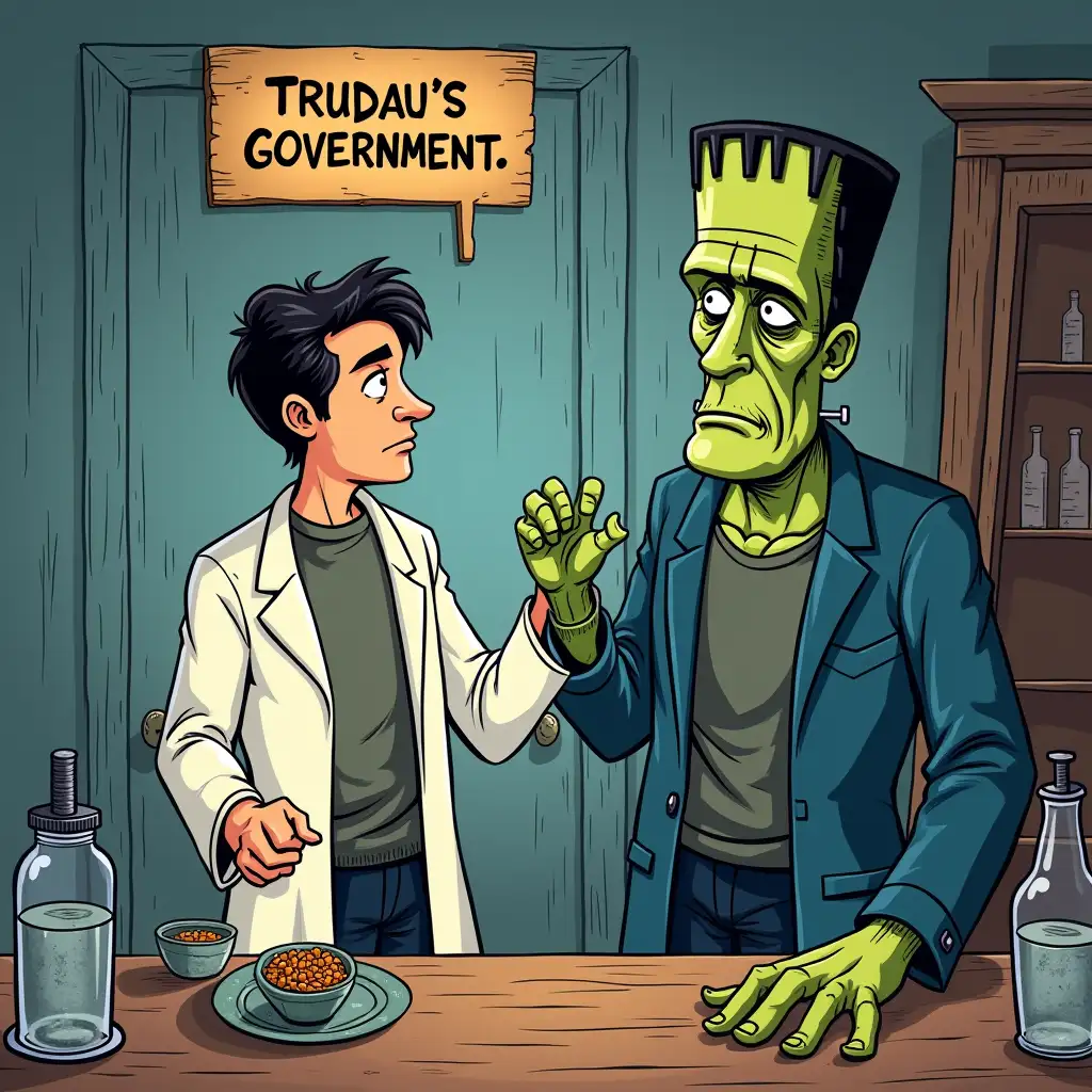 Justin Trudeau as Doctor Frankenstein in Cartoon Lab