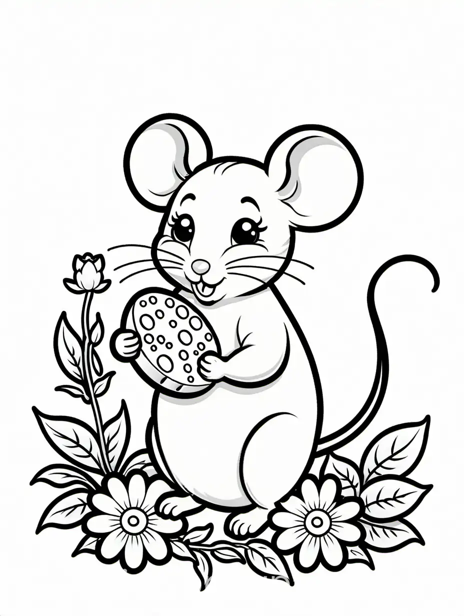 little mouse with a cheese with flowers, Coloring Page, black and white, line art, white background, Simplicity, Ample White Space.