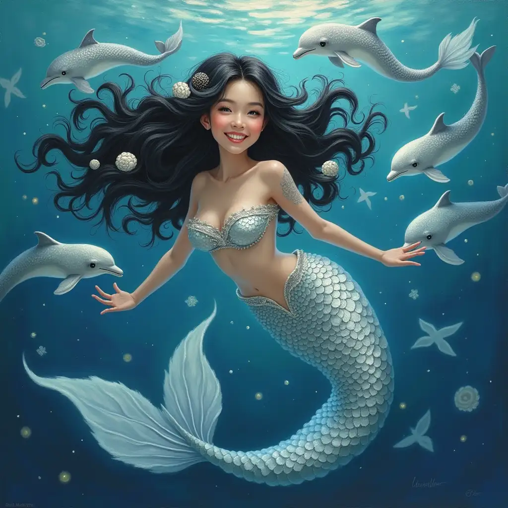 a very happy and beautiful mermaid with silver scales and shells in her hair, she is surrounded by ethereal glowing dolphins, the mermaid is of asian descent with ethereal glowing black hair floating in the water and a silver tail, 8k resolution, rough thick strokes of oil paint and pastel media