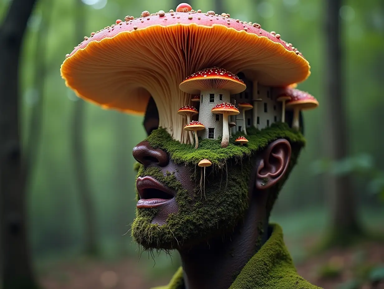 Face with colorful mushroom in mouth roots transformed into building in forest