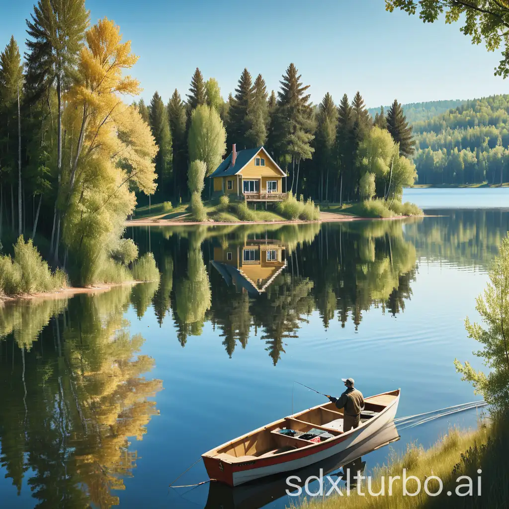 Fisherman-in-a-Boat-on-a-Sunny-Day-by-a-Serene-Lake-with-Trees-and-Reflections