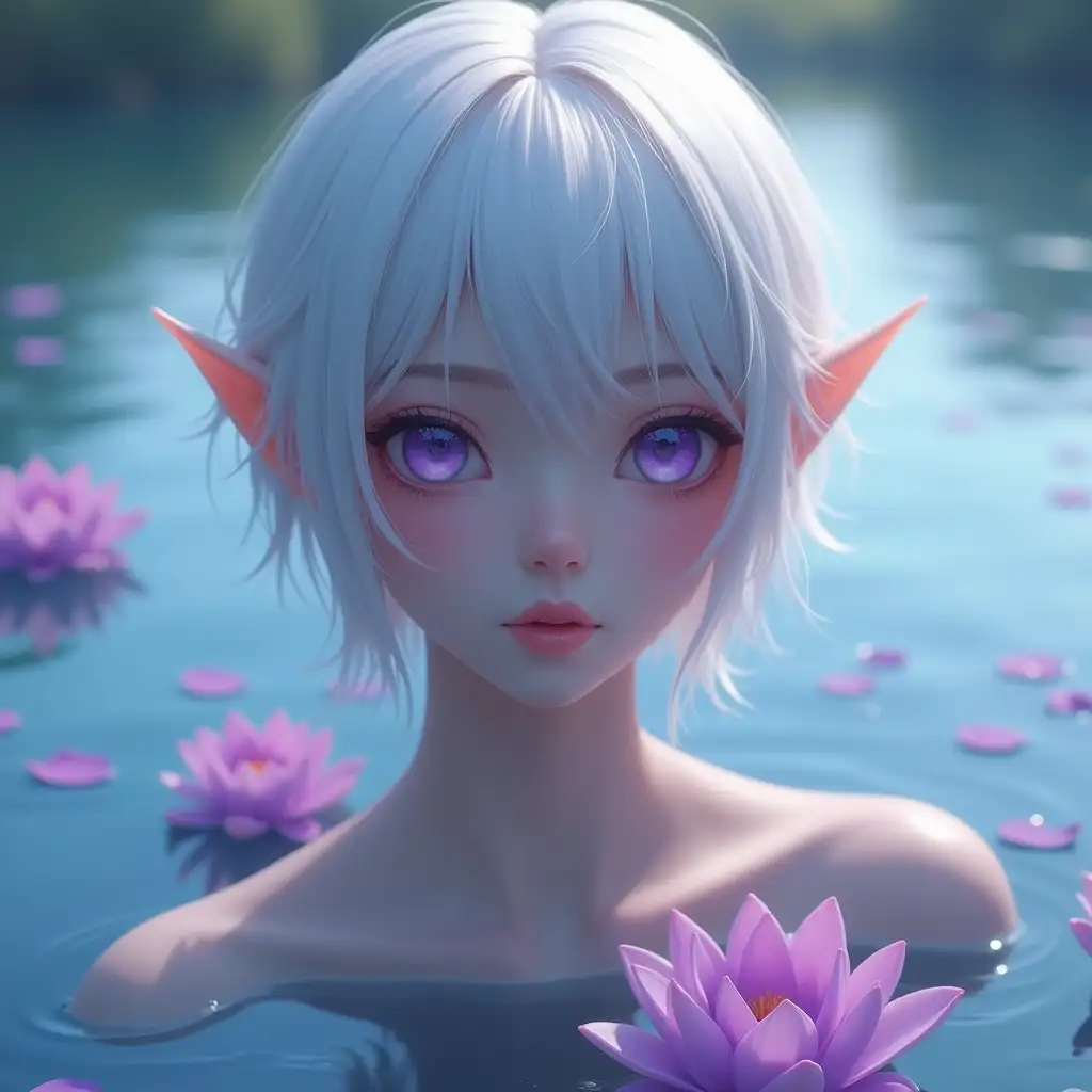 Beautiful-Elf-Woman-in-Lake-Surrounded-by-Violet-Petals-and-Lotus-Flowers