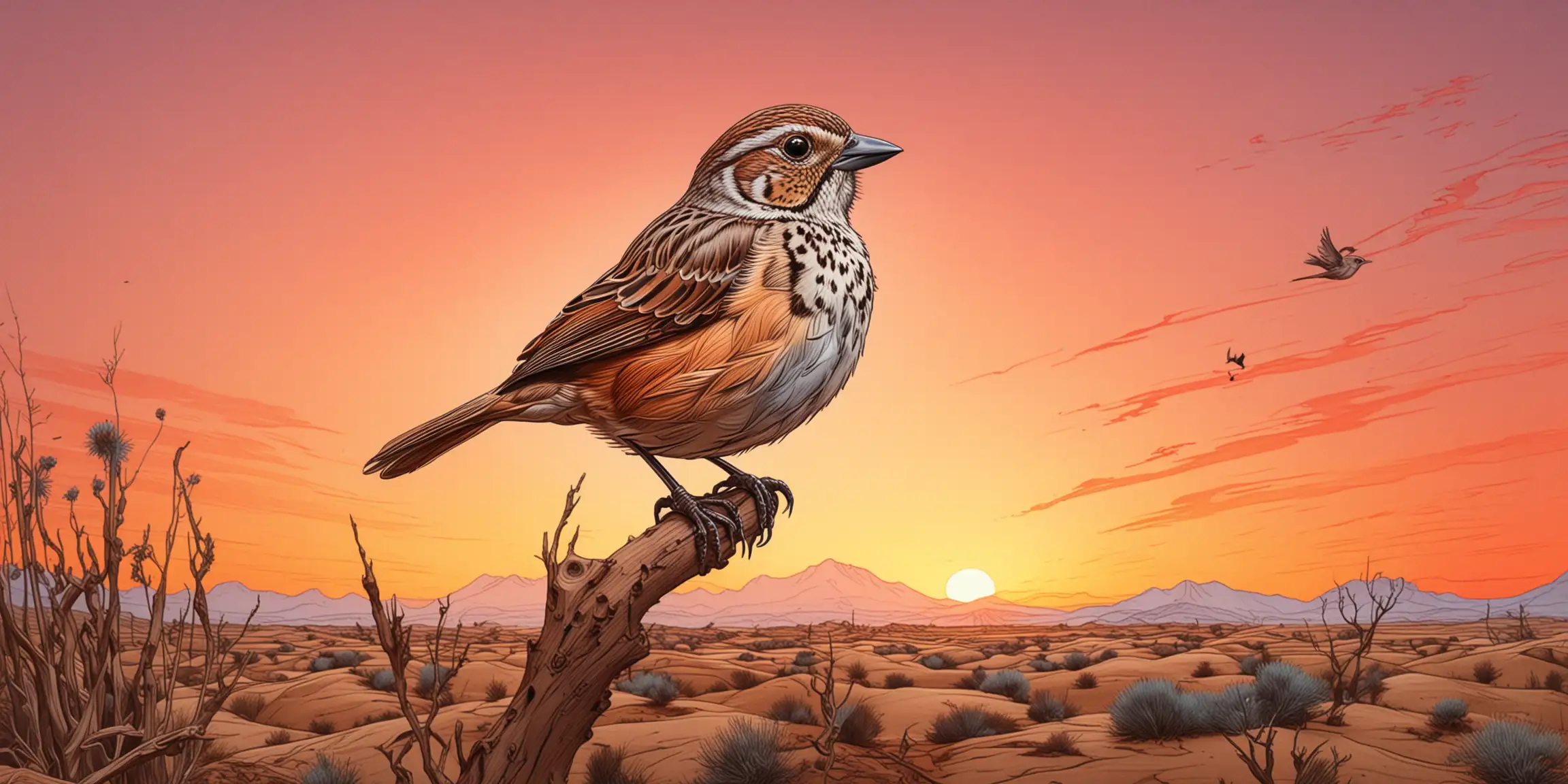 Surreal Sparrow in a Vibrant Sunset Wilderness