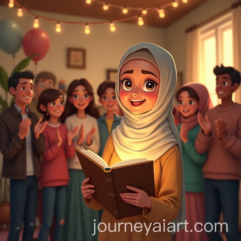 HijabWearing-Author-Celebrating-Book-Launch-with-Family-in-Cozy-Living-Room
