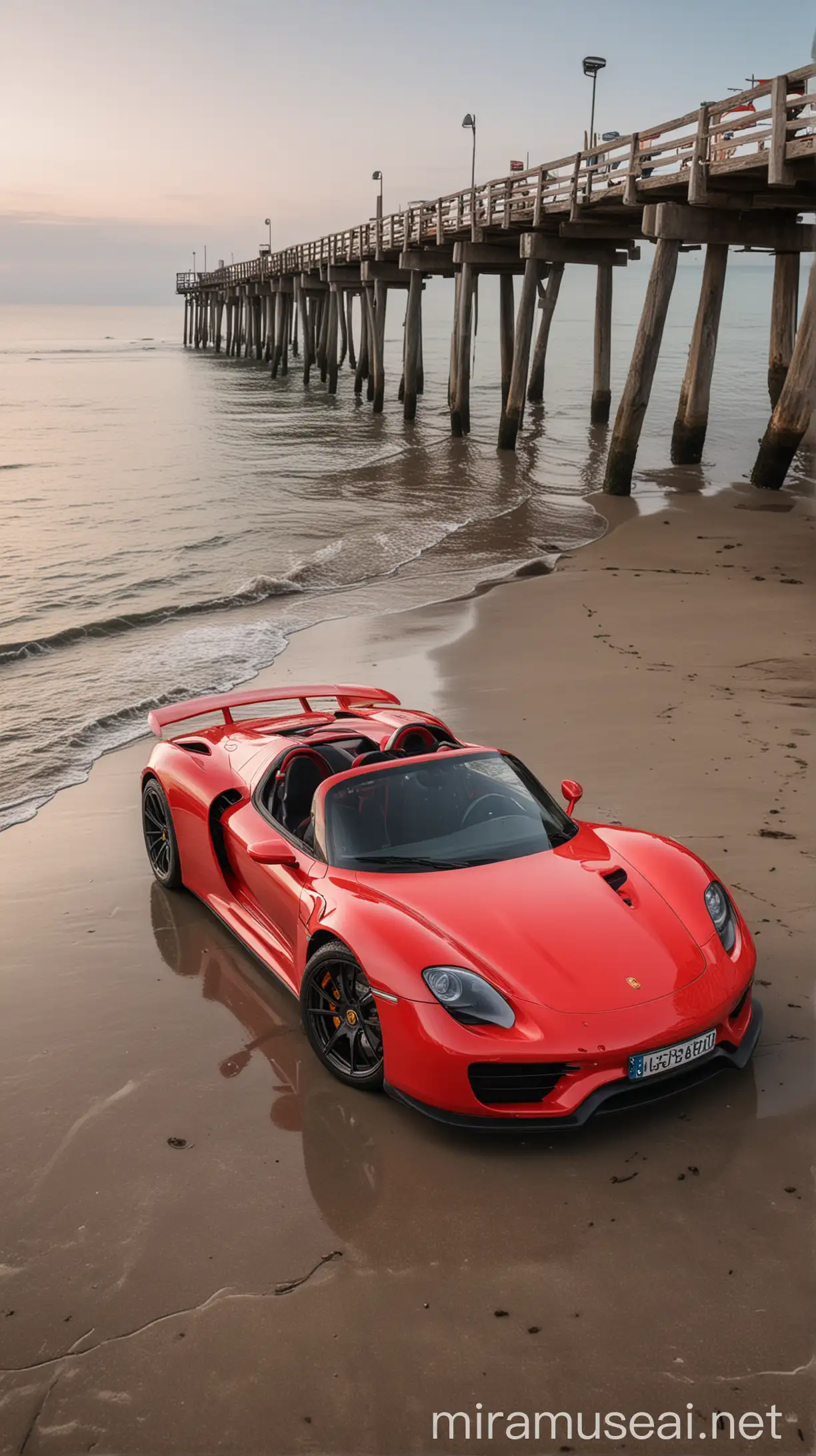 Red Porsche 918 Spyder on Beach Pier