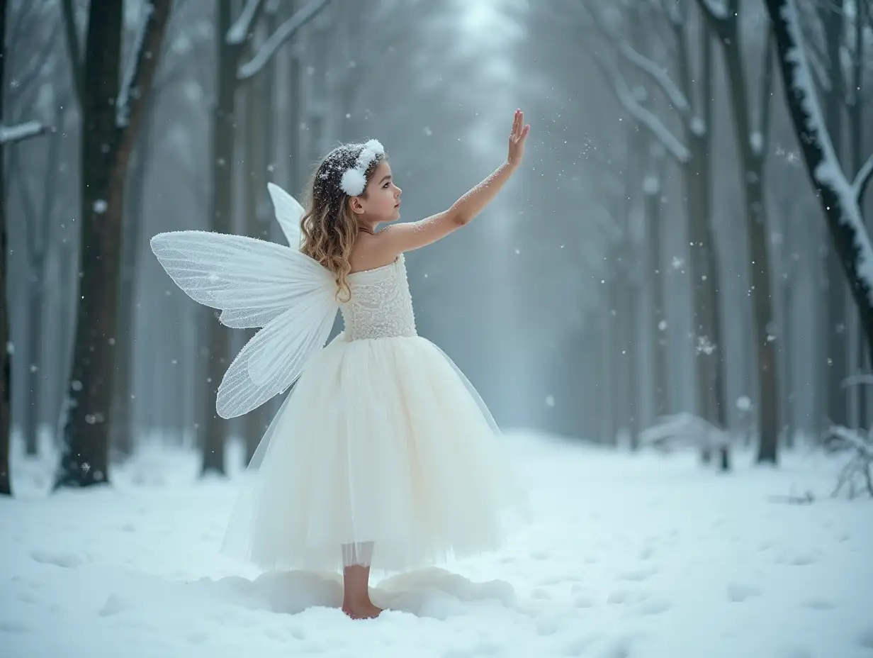 A snow fairy in a white dress in a forest with snowing