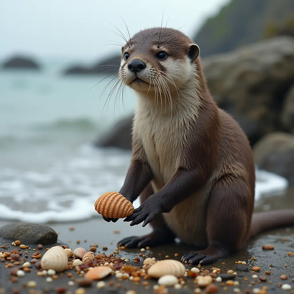 majestic Otter girl gathering sea shells on the rocky shore of Ireland.