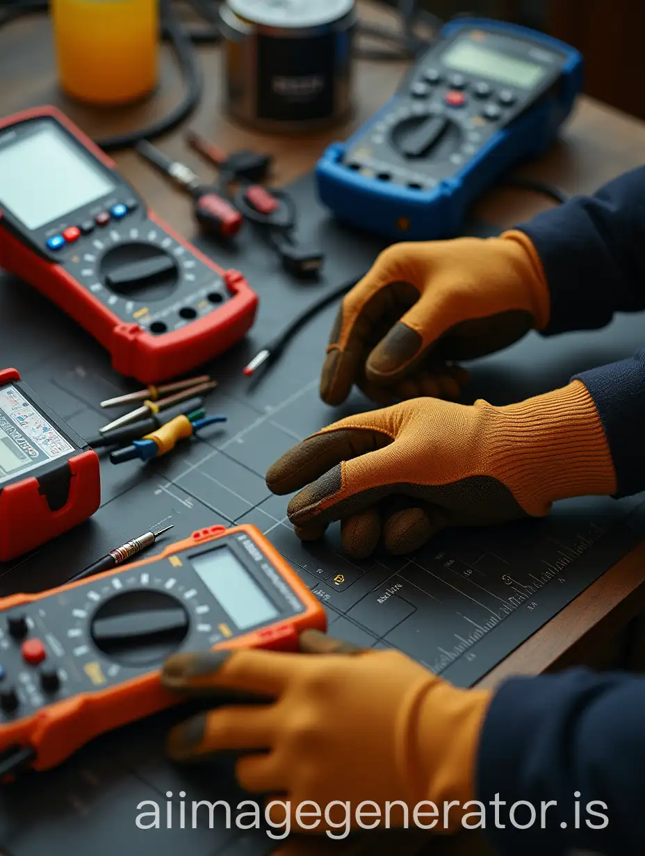 Electricians-Hands-in-Gloves-Working-with-Electroinstruments-on-a-Table