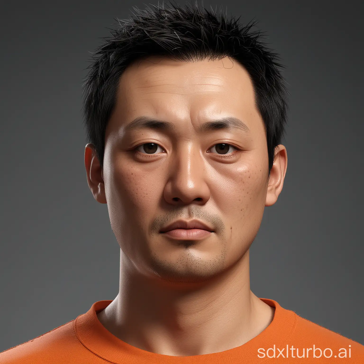 Chinese-MiddleAged-Man-in-Orange-Sports-Shirt-and-Jeans
