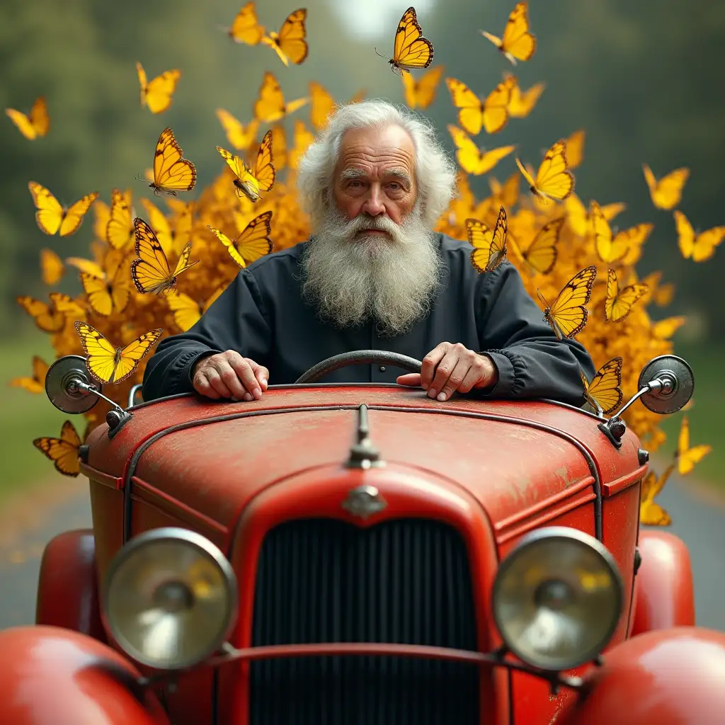 Old-Priest-with-Grey-Beard-Driving-Red-Car-Surrounded-by-100-Yellow-Butterflies