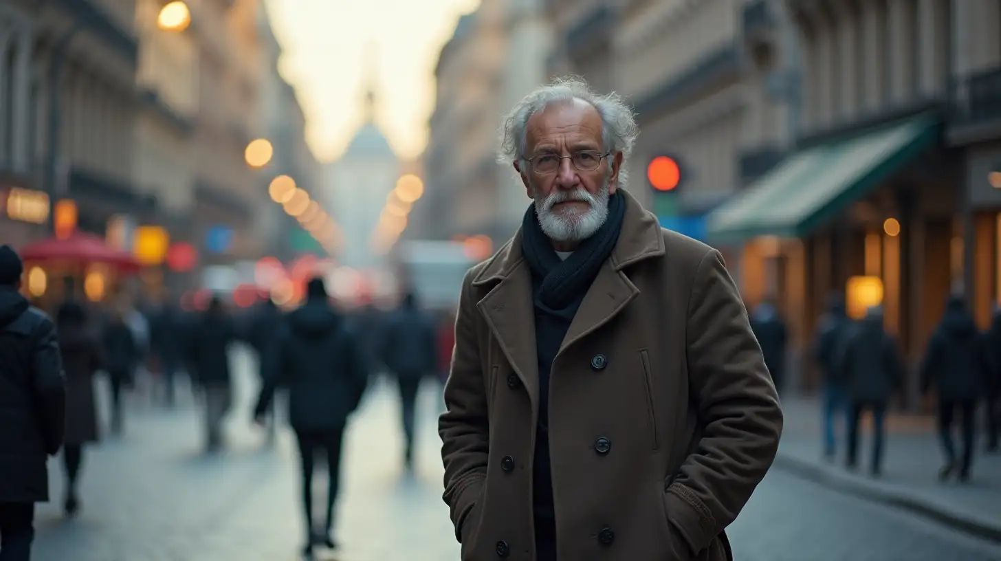 Thoughtful Elderly Man Walking Through a Busy Urban Street