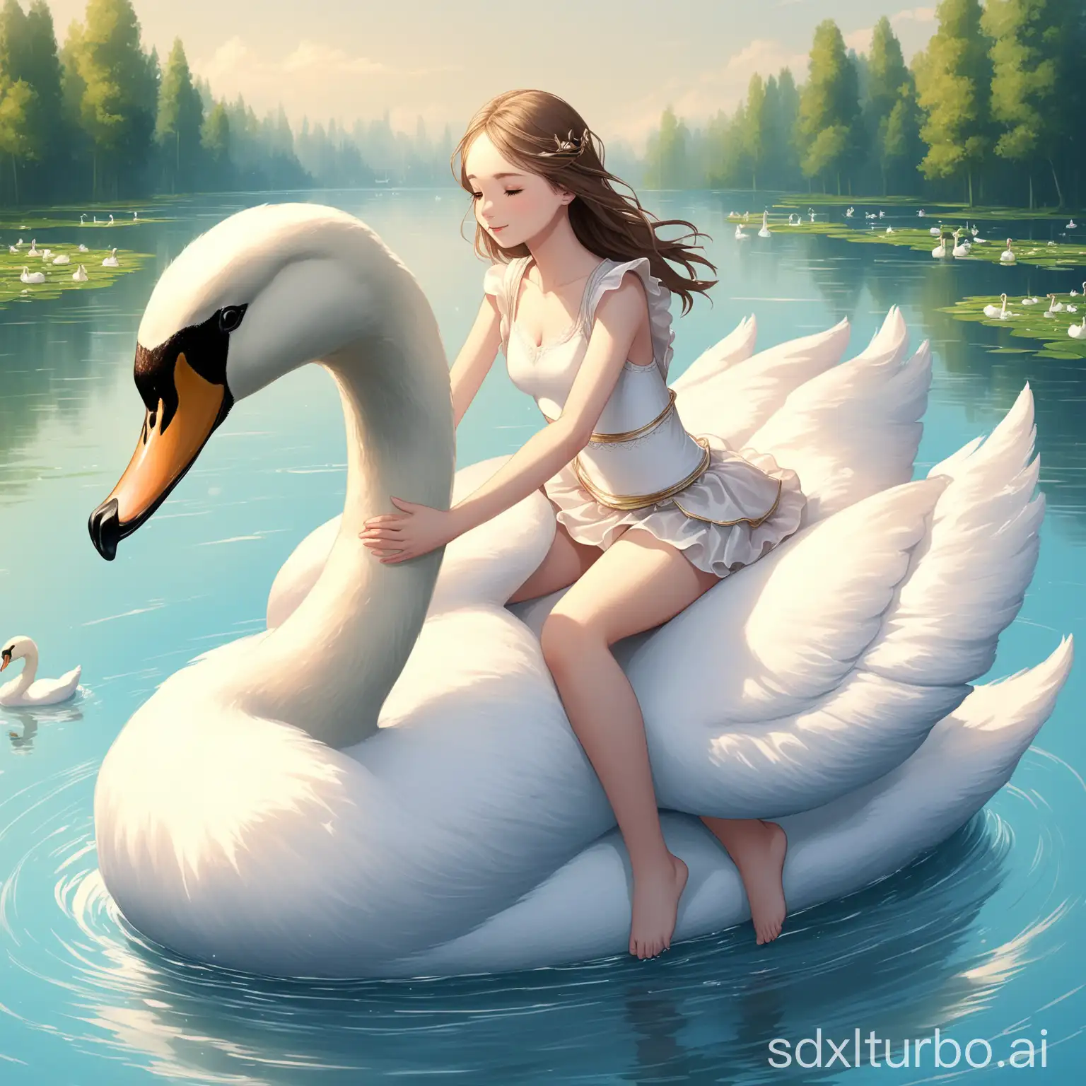 Girl-Riding-on-a-Swan-in-a-Serene-Lake-Setting