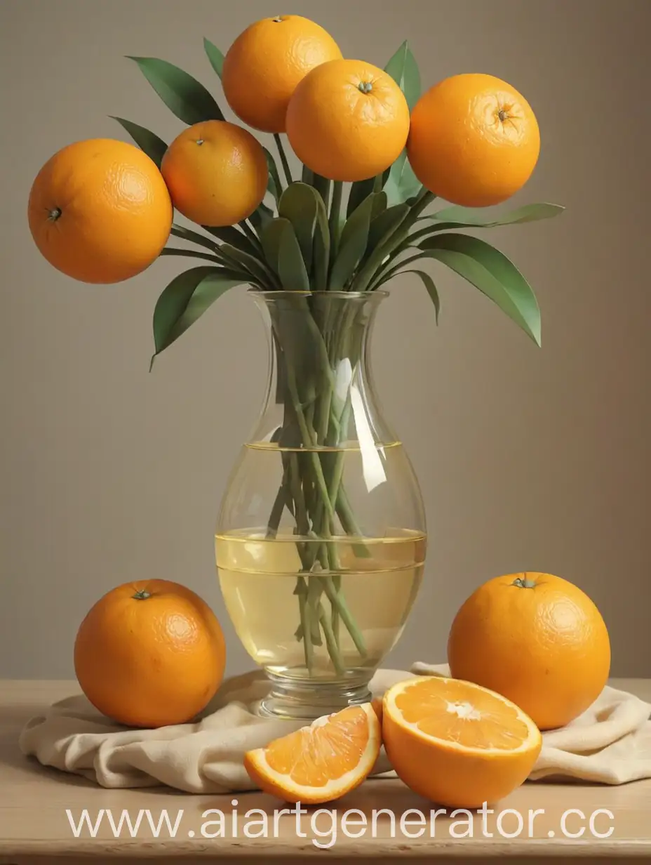 A vase with yellow colors is next to 3 oranges on the table. Picture in Cartoon style