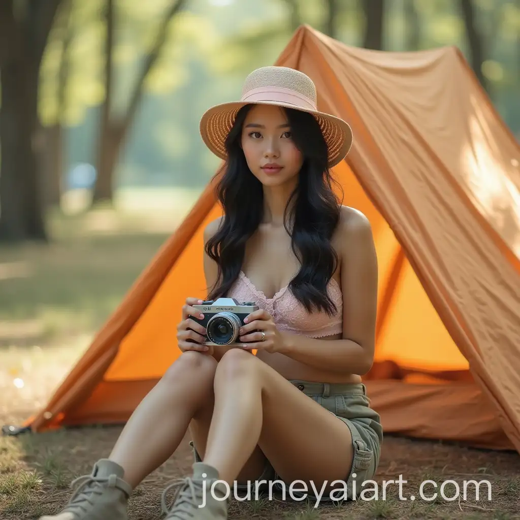 Young-Woman-in-Lace-Crop-Top-and-Ankle-Boots-Sitting-by-Tent-in-Dreamy-Pastel-Forest