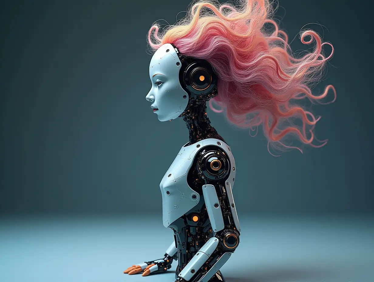 Create a high-resolution, realistic image of an artificial intelligence fractal colored fractal humanoid robot, in a photo studio on a 4-k resolution floor. Fractal hair