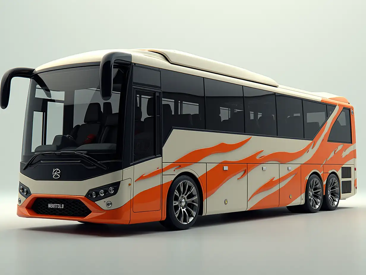 Supermodern bus with spoilers, lowered, aluminum wheels, cream, black orange colors, Cyberpunk