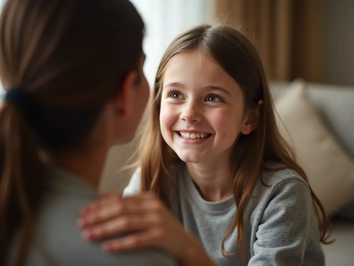 Young girl with long brown hair engaged in conversation with an adult hand on shoulder providing comfort and warmth atmosphere