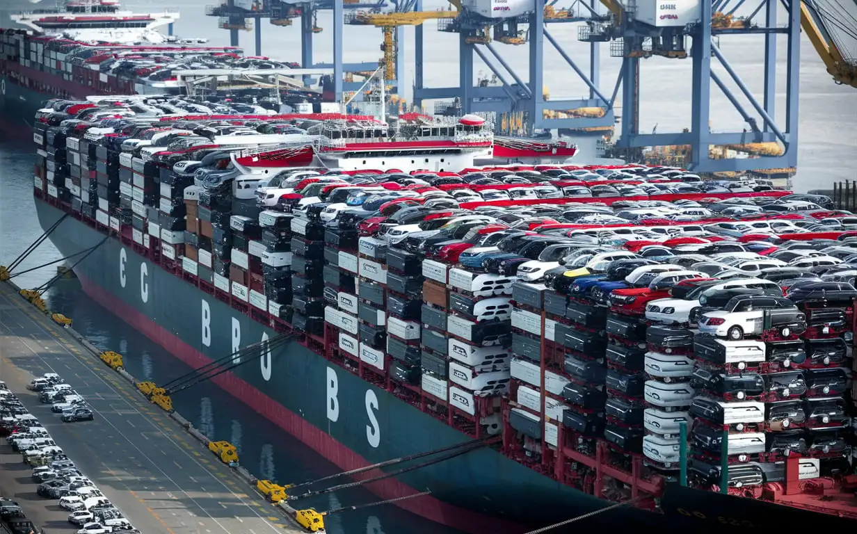 Realistic Cargo Ships Loading Cars at Port