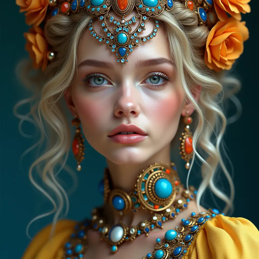 Hyperrealistic portrait of a beautiful Swedish woman wearing intricately detailed, colorful and futuristic jewelry.