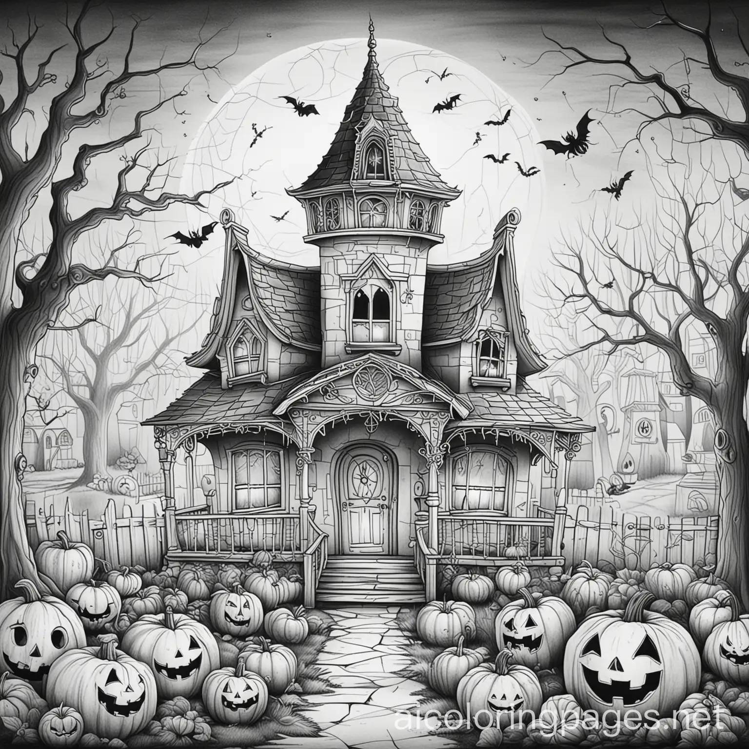 funny, haunted house with pumpkins in the yard, spider webs, ghost no grayscale, bold lines, easy to color for kids 4-9, Coloring Page, black and white, line art, white background, Simplicity, Ample White Space. The background of the coloring page is plain white to make it easy for young children to color within the lines. The outlines of all the subjects are easy to distinguish, making it simple for kids to color without too much difficulty