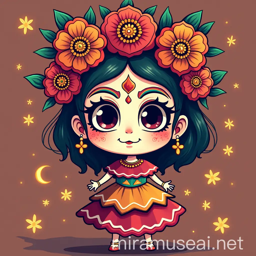 Mexican Catrina in Kawaii Style with Floral Patterns and Pastel Colors