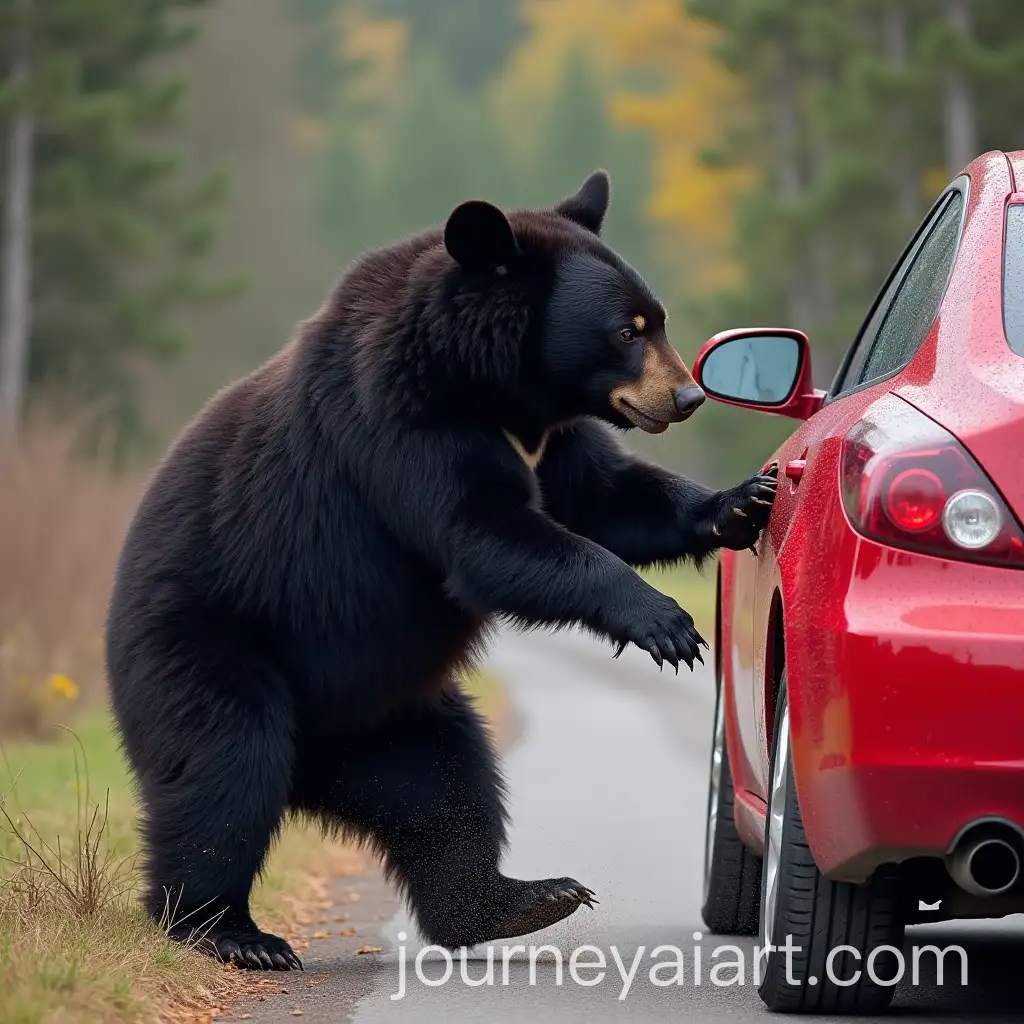 Black-Bear-Clawing-a-Red-Car-in-a-Forest-Setting