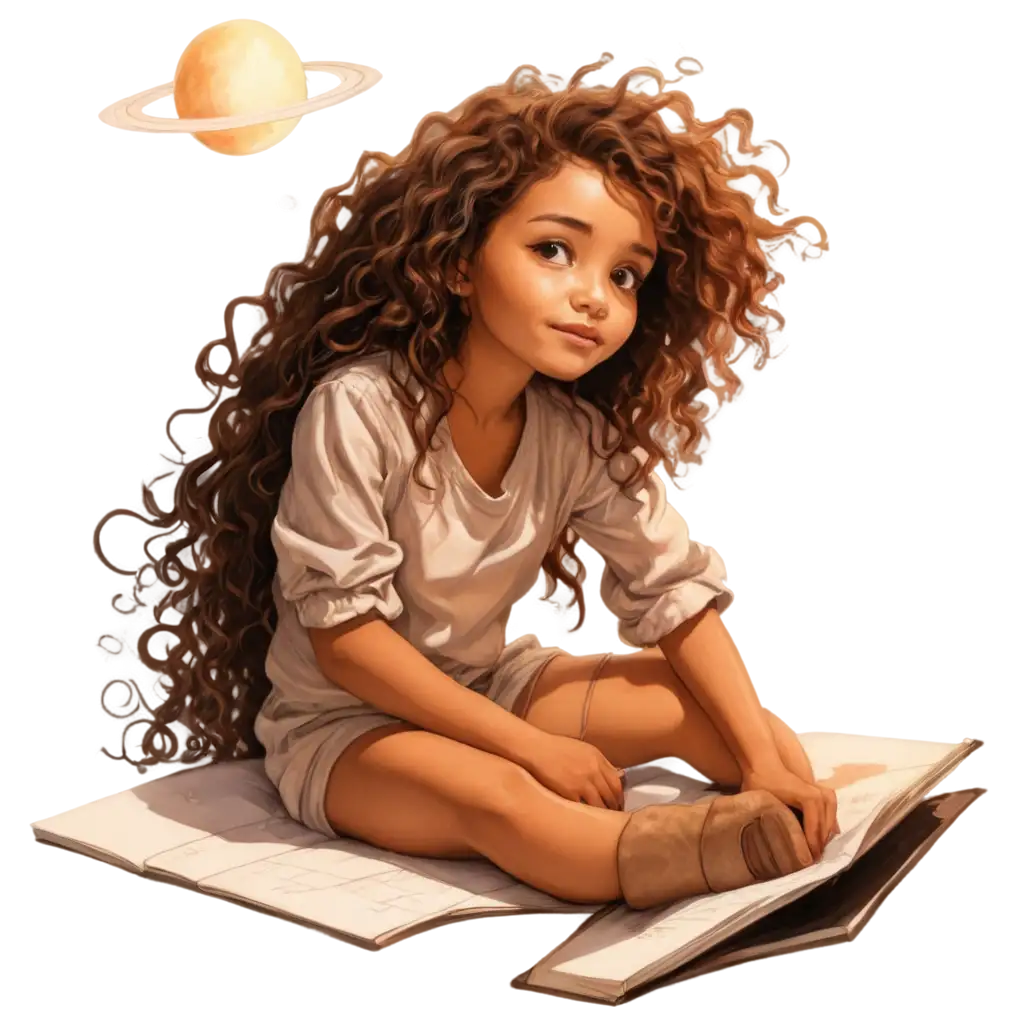 Stunning-PNG-Artwork-of-a-Latina-Girl-Watching-the-Sunset-on-a-Planet-with-Silver-Copper-and-Gold-Lines