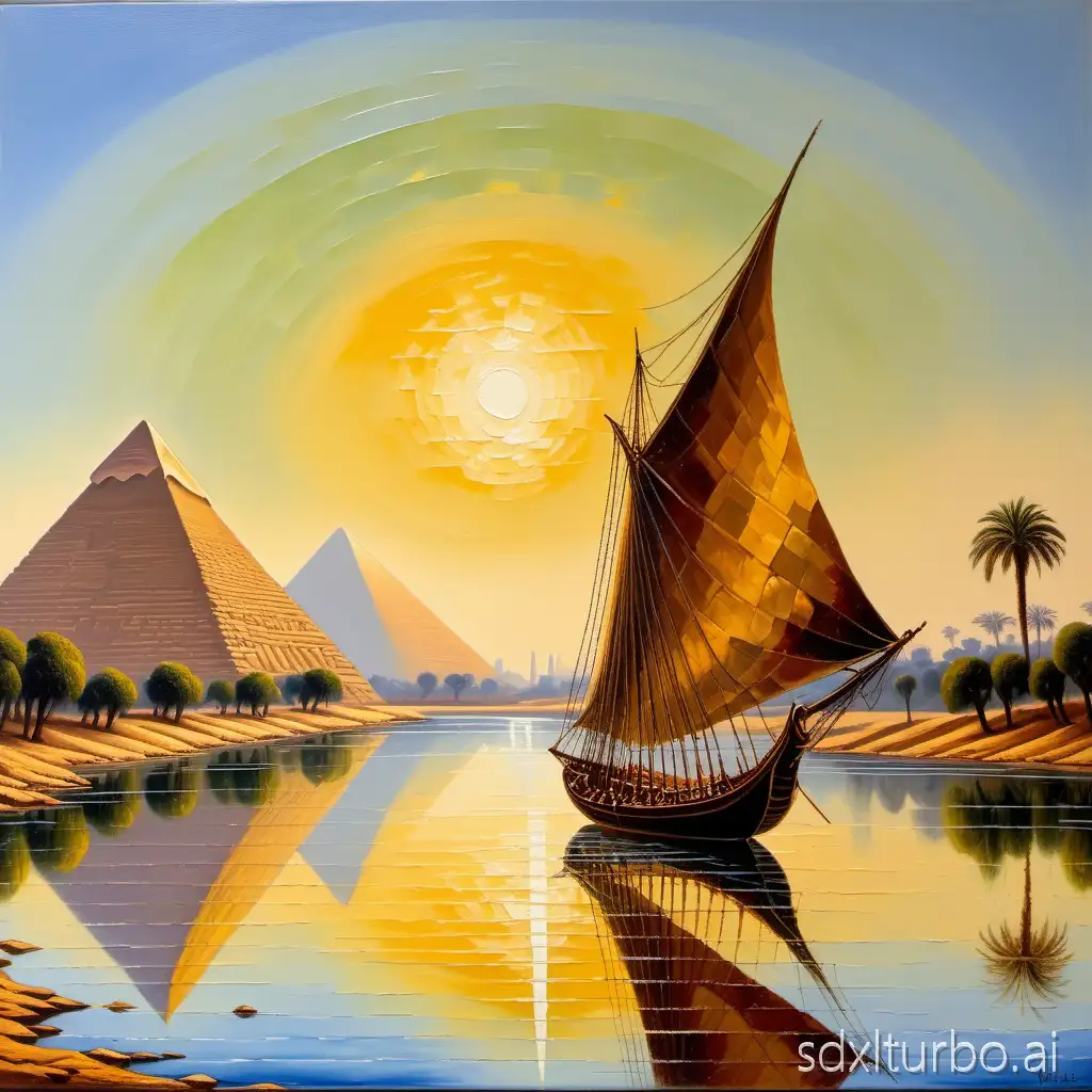 Positive: “Medieval Egyptian lateen‑rigged ship, slack triangular sail, calm Nile near Cairo, distant hills and faint pyramids, noon light, oil painting, subtle impasto, glassy reflections, no crew, no modern objects” Settings: SDXL 1.0, 1024x1536, steps 30–40, CFG 5–7, sampler DPM   2M Karras, hires fix off; seed 0–repeat until consistent pair.