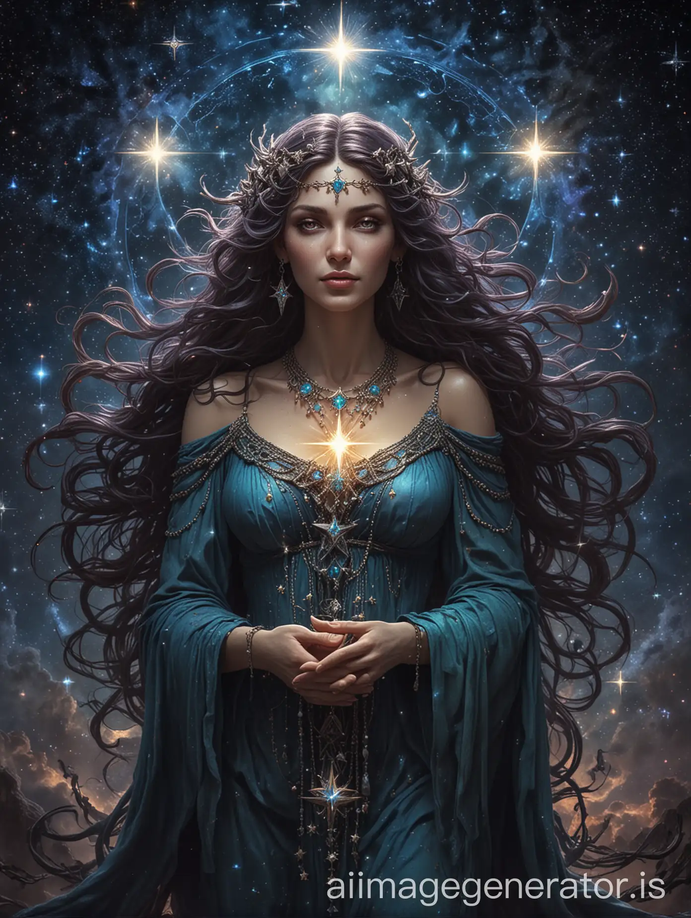 multidimensional lilith the great mother goddess, goddess of understanding, seeing the origin and destination, with luminous stars, sky with timelines, memories and energies balance