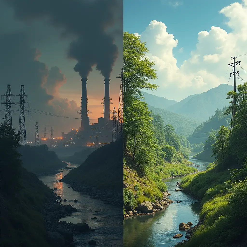 Before and After Contrast: Two halves of the same artwork: one showing a dreary dark polluted, desolate world full of smoke and factories , and the other illustrating a thriving, clean environment where nature and technology coexist harmoniously